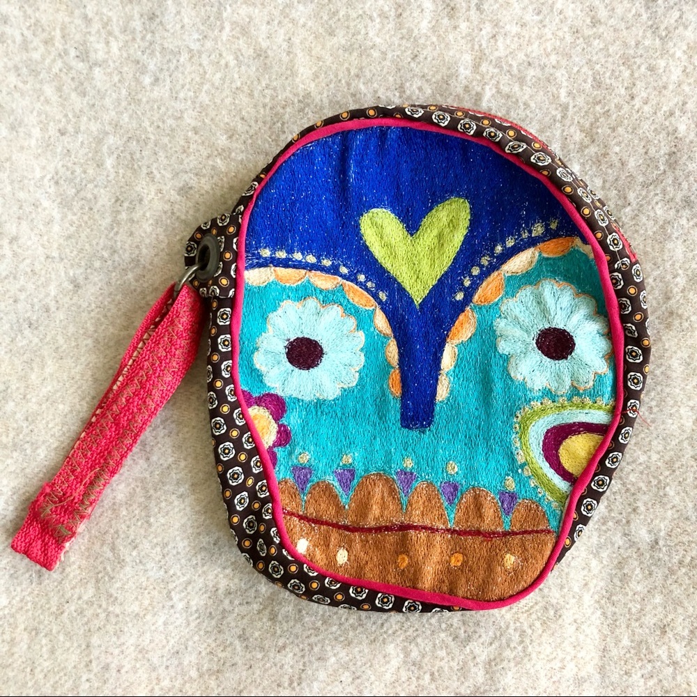 Handmade embroidered Santa Muerte skull wristlet